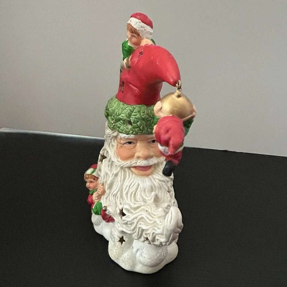 Light Up Ceramic Santa Moon Face With Elves‎ Christmas Decor Star Cutout